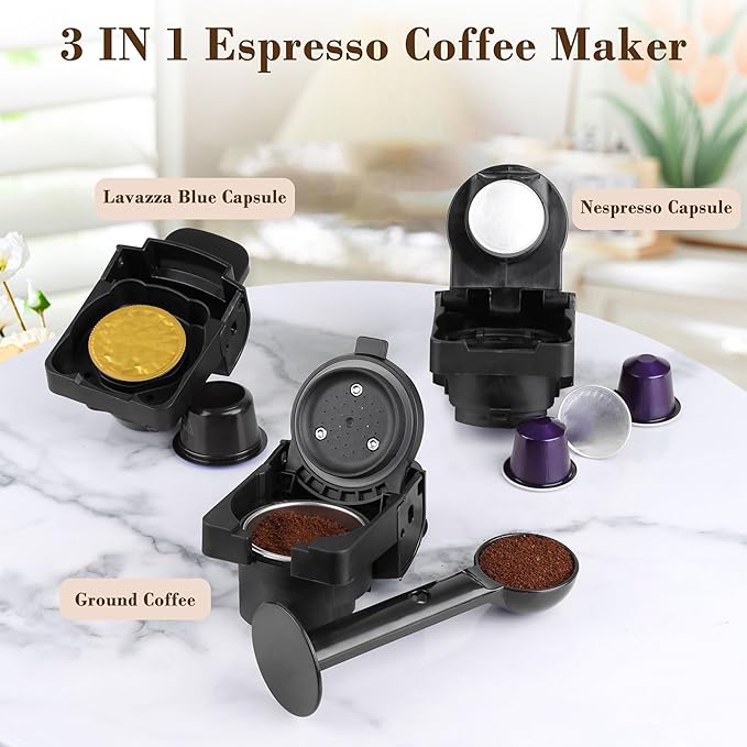 Espresso Maker for Nespresso Capsule, Lavazza Blue Capsule & Coffee Powder, 19 Bar Pump Pressure Makes Authentic Espresso Coffee, Mini Espresso Coffee Machines with Removable Water Tank.