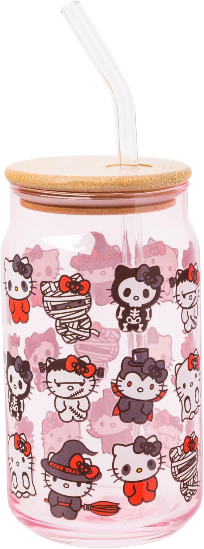 Silver Buffalo Sanrio Hello Kitty and Friends Halloween Spooky Costumes Ghost Witch Vampire Zombie Frankenstein Skeleton Pink Glass Jar Tumbler with Bamboo Lid and Glass Straw, 16 Ounces