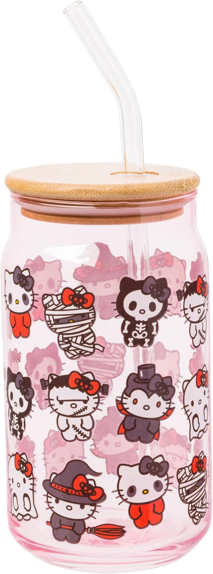 Silver Buffalo Sanrio Hello Kitty and Friends Halloween Spooky Costumes Ghost Witch Vampire Zombie Frankenstein Skeleton Pink Glass Jar Tumbler with Bamboo Lid and Glass Straw, 16 Ounces