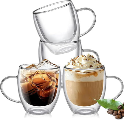 6 Ounces Set of 4 Double Walled Glass Coffee Mugs with Handle Insulated Layer Coffee Cups Borosilicate Glass Espresso Double Insulated Clear Glass Coffee Mug for Hot Beverages