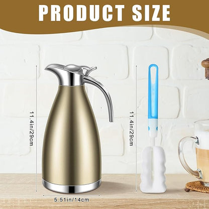 Uiifan 2 Pcs 68 oz Thermal Coffee Carafe Insulated Stainless Steel Coffee Carafe for Hot Liquids Vacuum Thermal Pot Creamer Dispenser with Brushes Keeping Hot Tea Milk Water(Champaign Gold)