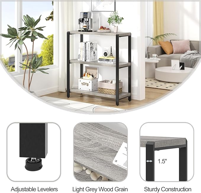 FOLUBAN 3 Tier Bookshelf, Industrial Wood and Metal Book Shelf and Bookcase, Short Book Case for Office Living Room Bedroom, Light Grey