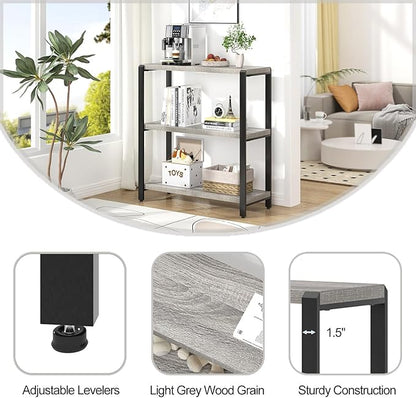 FOLUBAN 3 Tier Bookshelf, Industrial Wood and Metal Book Shelf and Bookcase, Short Book Case for Office Living Room Bedroom, Light Grey