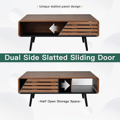 Wood Rectangle Coffee Table with Storage, Mid Century Modern Coffee Table, Living Room Center Table for Home, Apartment, Office, Walnut/Black