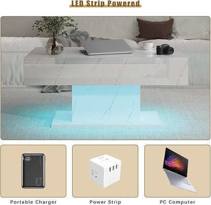 White Marble Led Coffee Table with 2 Storage Drawers for Living Room, Living Room Table Rectangular Center Table, Modern High Glossy Wooden Coffee Tables with Lights for Dining Reception Room