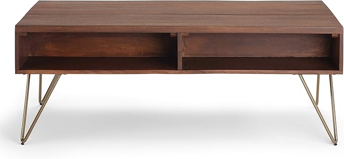 SIMPLIHOME Hunter Lift Top Coffee Table - 48 inch Wide Solid Mango Wood and Metal Industrial Cocktail Table in Umber Brown, Functional Living Room Table with 2 Storage Cubbies and Hairpin Legs
