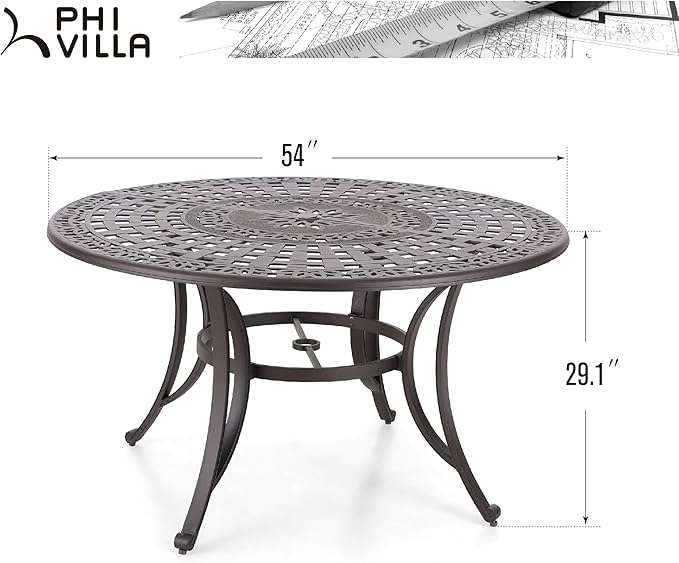 PHI VILLA Round Patio Dining Tables for 6 Person, Outdoor Aluminum Table 54" Dia with 2.1" Umbrella Hole, Lawn Garden Tables for All Weather
