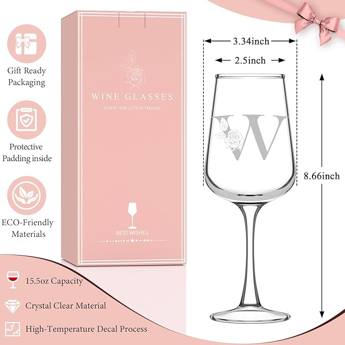 Personalized Wine Glass Gifts for Women - Monogrammed A-Z Wine Glasses Gift | Custom Christmas Gift, Valentines Day, Birthday Gifts for Women Her Mom Wife Best Friend Sister (W)