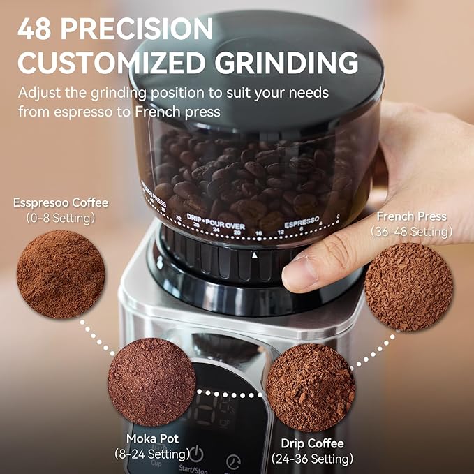 Conical Burr Coffee Grinder Electric with Electronic Timer, Anti-Static, Coffee Grinders for Home Use, Adjustable Conical Burr Mill with 48 Precise Settings for Espersso/Drip/French Press