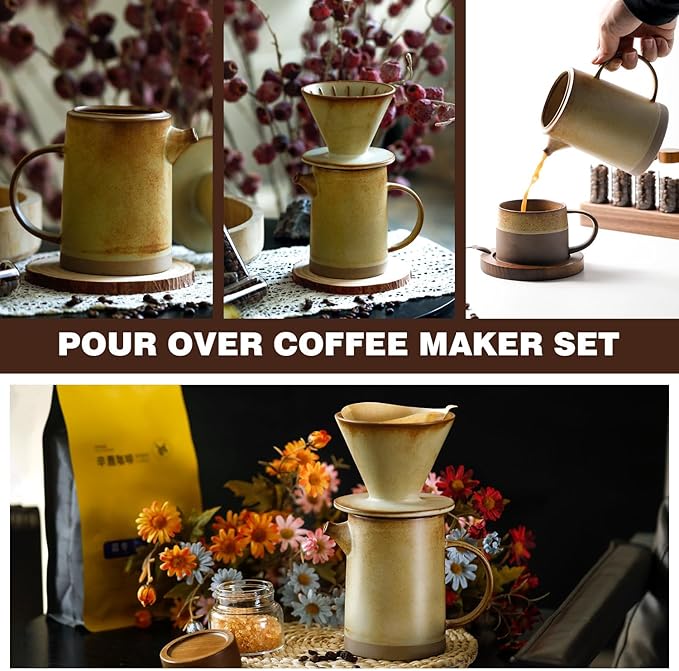 Pour Over Coffee Maker Set Vintage Ceramic Pour Over V60 Coffee Dripper Set with 20 Count Paper Coffee Filters,for Home Café Restaurant Camping,15.8 Ounces(Yellow)