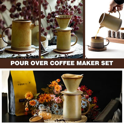 Pour Over Coffee Maker Set Vintage Ceramic Pour Over V60 Coffee Dripper Set with 20 Count Paper Coffee Filters,for Home Café Restaurant Camping,15.8 Ounces(Yellow)