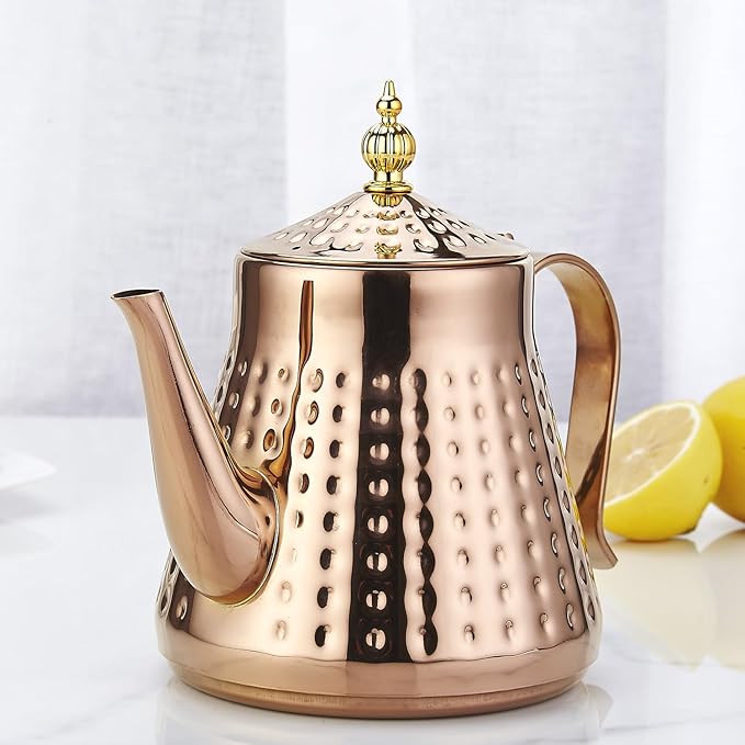 SANQIAHOME 1.2L(40oz) Stainless Steel Hammer Patterned Teapot With Removeable Infuser,Loose leaf cover,Copper