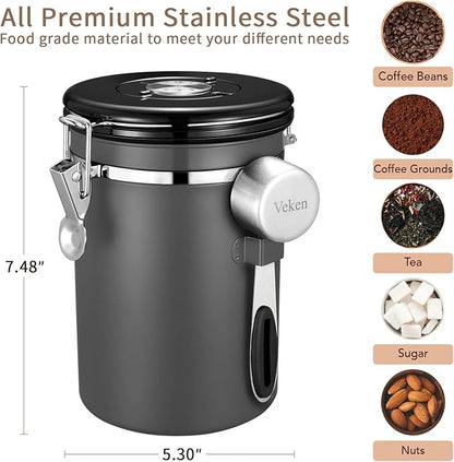 Veken Coffee Canister, Airtight Stainless Steel Kitchen Food Storage Container with Date Tracker and Scoop for Grounds Coffee, Beans, Tea, Flour, Cereal, Sugar, 22OZ, Gray