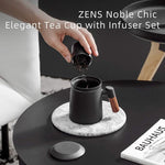 Load image into Gallery viewer, ZENS Tea Cup with Infuser and Lid for Loose Leaf Tea Steeper, 12oz Black Ceramic Tea Mug with Wood Handle for Tea Lovers Gifts