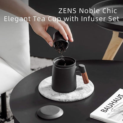 ZENS Tea Cup with Infuser and Lid for Loose Leaf Tea Steeper, 12oz Black Ceramic Tea Mug with Wood Handle for Tea Lovers Gifts