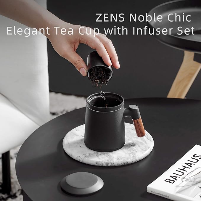 ZENS Tea Cup with Infuser and Lid for Loose Leaf Tea Steeper, 12oz Black Ceramic Tea Mug with Wood Handle for Tea Lovers Gifts