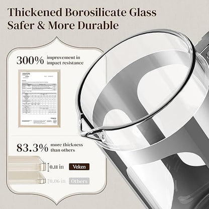 Veken French Press Coffee Maker 34oz 1 L, Heat Resistant Thickened Borosilicate Glass, No Plastic Touching Cafe, Stainless Steel Brewer, Cold Brew Cafetera Teapot for Kitchen Travel Camping, Silver