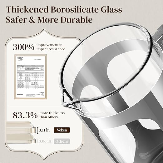 Veken French Press Coffee Maker 34oz 1 L, Heat Resistant Thickened Borosilicate Glass, No Plastic Touching Cafe, Stainless Steel Brewer, Cold Brew Cafetera Teapot for Kitchen Travel Camping, Silver