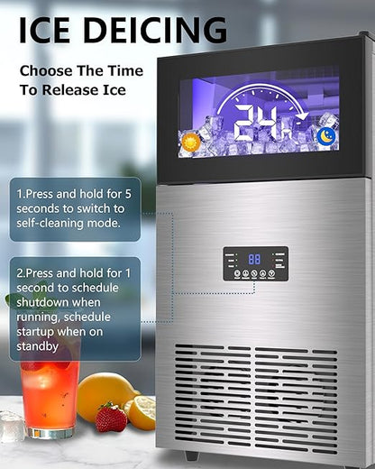Commercial Ice Maker Machine 𝟏𝟕𝟎 𝐋𝐛𝐬/𝐃𝐚𝐲, Undercounter Ice Makers 40Lbs Storage Bin and 63 Ice Trays, Outdoor Ice Maker Brushed Metal with Water Line, Ice Scoop, for Home, Bar, Party
