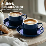 Load image into Gallery viewer, 5 Ounce Blue Porcelain Stackable Espresso Cups with Stainless Steel Holder, Set of 4, Durable Ceramic, Perfect for Home, Office or Gift