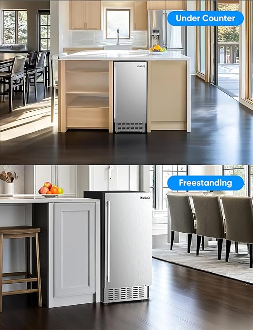 Coolski 130Lbs/ Day Under Counter Ice Maker Machine, Stainless Steel Built-in Freestanding Ice Maker with 30LBS Ice Storage, Perfect for Commercial & Home Use, 15 Inch Wide