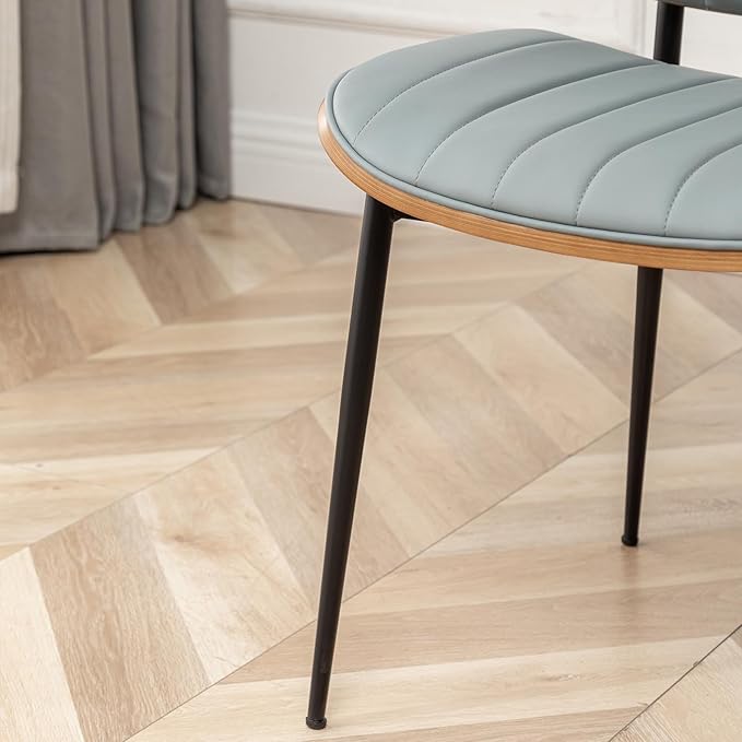 LUNLING Dining Chairs Set of 4 Mid Century Modern Retro Faux Leather Chair with Walnut Bentwood Upholstered Seat Metal Legs Chairs,Adjustable Foot for Kitchen Dining Room Chairs(Blue)