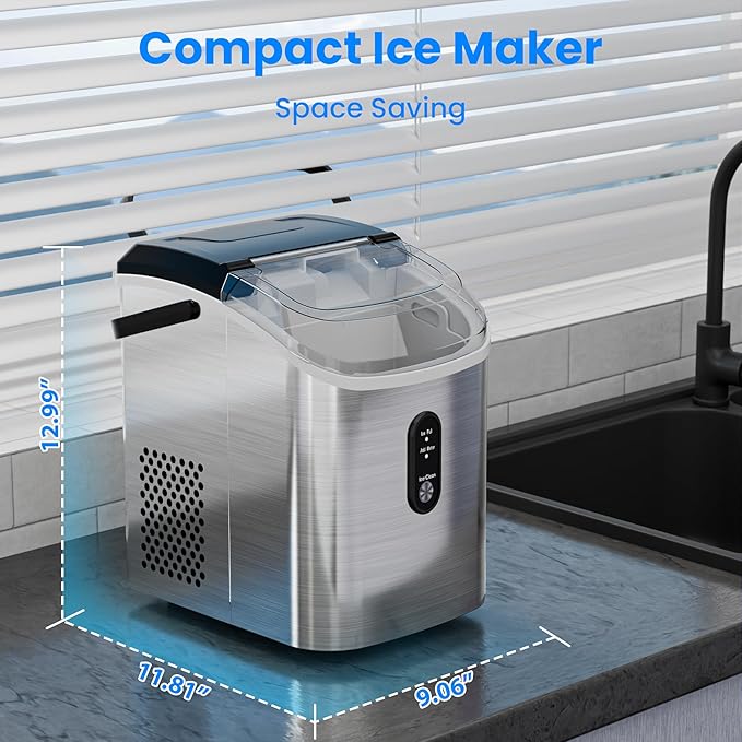 Antarctic Star Nugget Ice Makers Countertop, Portable Ice Maker Machine with Self-Cleaning, 35lbs/24H, Crushed Ice Machine with Handle & Scoop for Home, Kitchen, Office and Camping(Stainless Steel)