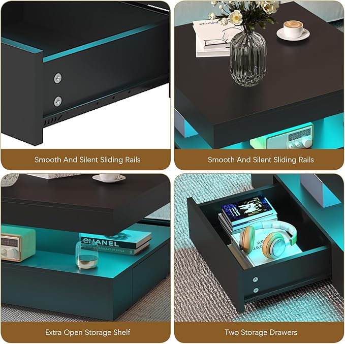 Black LED Coffee Table with 2 Storage Drawers for Living Room Square Center Middle Table Modern Cocktail Table with Light 2-Tier Tea Tables Contemporary Mid Century Wood Home Office Waiting Room