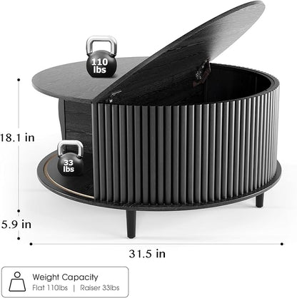 Round Coffee Table with Storage,31.5" Mid Century Modern Coffee Table with Hidden Compartment,Fluted Center Table for Living Room,Home Small Space,Black