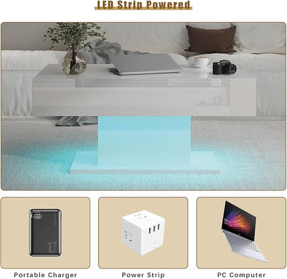 White Led Coffee Table with 2 Storage Drawers for Living Room, Living Room Table Rectangular Center Table, Modern High Glossy Wooden Coffee Tables with Lights for Dining Reception Room