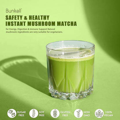 Bunkell Mushroom Matcha, Adaptogenic 6 Mushrooms Mix w/Japanese Matcha, Ceremonial Powder Blend with Lion's Mane, Reishi, Cordyceps & Shiitake for Energy, Focus & Immune Support, 30 Servings 1 Pack