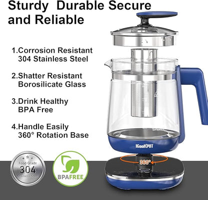 Electric Kettle, 1.5L Borosilicate Glass Hot Water Kettle Electric & Tea Kettle for Coffee or Tea, BPA Free, Auto Shut-Off, Stainless Steel, Blue, 1200w