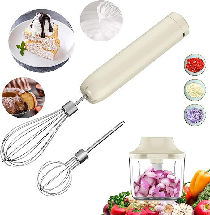 Cordless Hand Mixer, Electric Whisk, Hand Held Mini Mixers,Rechargeable Hand Mixer and Whisker,Food Chopper,Food Processor for Cooking, 4-Speed,10Oz