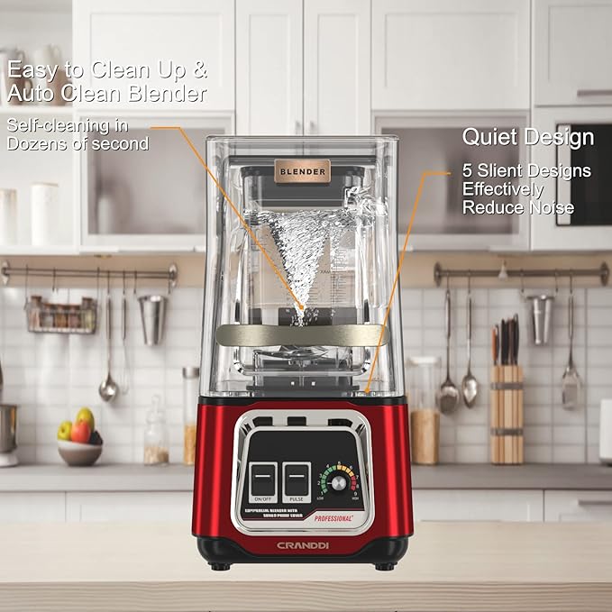 CRANDDI Commercial Blender, 2200W Countertop Blenders with Removable Shield, Quiet Smoothie Blender for Shakes and Ice Crushing, 52oz, 38000 RPM Professional Blenders for Kitchen, K80 (Red)