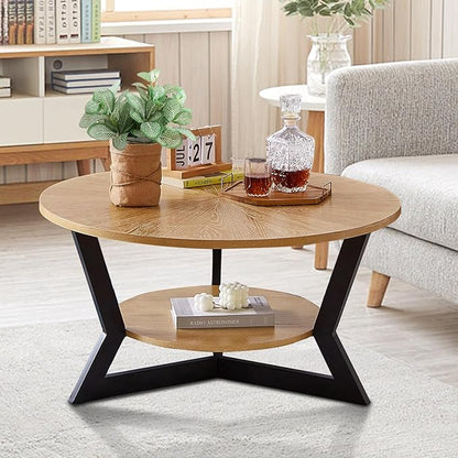 Round Wood Coffee Table for Living Room, 2-Tier Rustic Circle Coffee Table with Storage, 35”x 17” Real Wood Desktop with Metal Frame, Radial Pattern