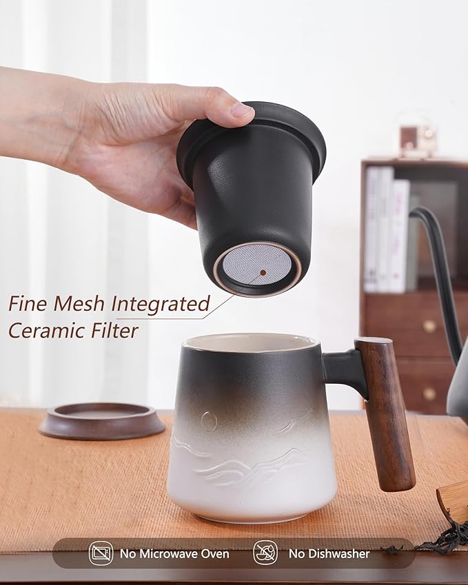 ZENS Tea Mug with Infuser and Lid for Loose Leaf Tea Steeper, 14.5 oz Embossed Ceramic Tea Cup with Fine Strainers and Wood Handle, Diffusers Accessories for Tea Lovers Gifts