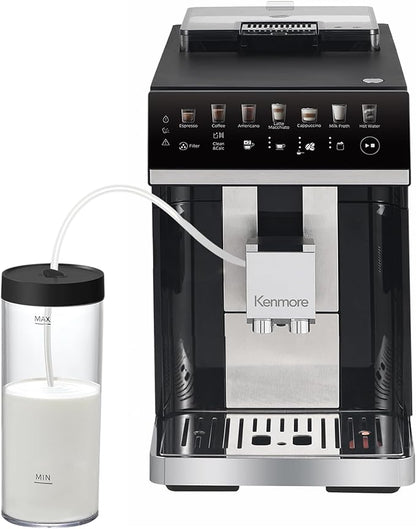 Koolatron Kenmore Espresso Machine – All-In-One Fully Automatic Coffee Maker with Auto Tamper, Descaler, Milk Steamer & Frother, Bean Grinder, Professional Barista Style Cappuccino, Cafe Latte, Black