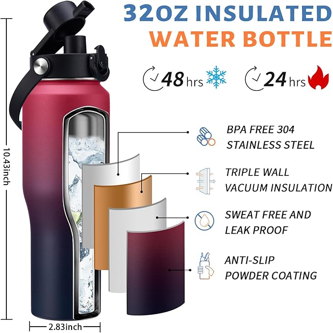 32/40 oz Insulated Water Bottle with straw Fit in any Car Cup Holder, Keep Cold 48H Hot 24H，Stainless Steel Water Bottle with Spout lid, Carrier Bag, Paracord Handle for Gym, Workout & Beach