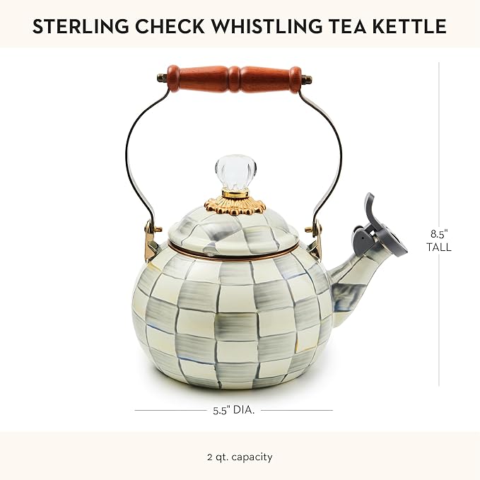 MACKENZIE-CHILDS Enamel Whistling Tea Kettle, Decorative Teapot for Stovetop, Gray-and-White Sterling Check