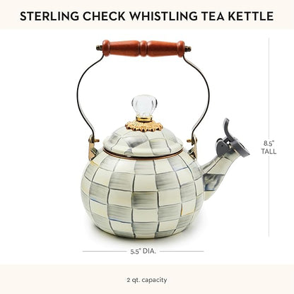 MACKENZIE-CHILDS Enamel Whistling Tea Kettle, Decorative Teapot for Stovetop, Gray-and-White Sterling Check