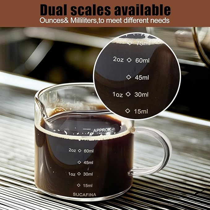 Espresso Cups Set of 2, 75ML Espresso Shot Glass with Handle Double Spout Cups Clear Glass Measuring Cup Coffee Accessories Great for Making Coffee Desserts Salad Dressing