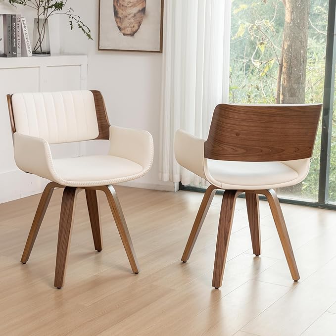 LUNLING Swivel Accent Faux Leather Dining Chairs Set of 4,Mid Century Modern Chairs with Wooden Legs/Armrest/Upholstered Seat/Adjustable Foots for Kitchen Dining Room Desk Chairs,Beige