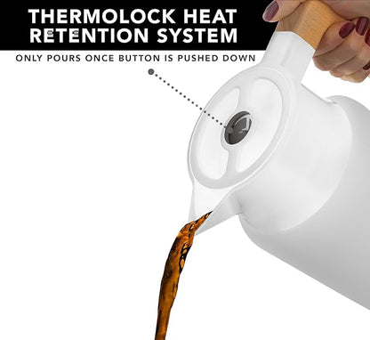 HASTINGS 50 Oz Pour Over Coffee Maker Set with Double Layer Reusable Stainless Steel Filter 8-Cup and Wood Handle - Dual Wall Heat Resistant Drip Coffee Brewer, Pour Over Coffee Dripper Carafe, White