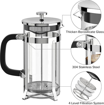 QUQIYSO French Press Coffee Maker 304 Stainless Steel French Press with 4 Filter, Heat Resistant Durable, Easy to Clean, Borosilicate Glass Coffee Press, 100% BPA Free Glass Teapot, 21 ounce, Silver