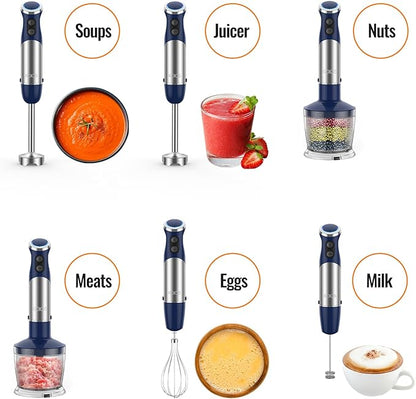 KOIOS 5-in-1 Hand Immersion Blender, 12 Speed Adjustable Emulsifier Handheld Blender, 1000W Copper Motor Stainless Steel Blade Hand Mixer with attachments, Blue