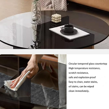 EASYSOUL Modern Round Glass Coffee Table with Wood Base for Living Room, 35.43" D x 35.43" W x 13.78" H, Mid Century Circular Center Coffee Tables with Tempered Glass Top (Walnut-Grey Glass/35.43 ")