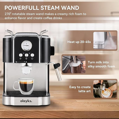 Professional 20-Bar Espresso Coffee Maker, Semi-Automatic with Steam Wand Milk Frother, All-in-One Machine with 1.8L Removable Tank for Latte Cappuccino, Easy Clean