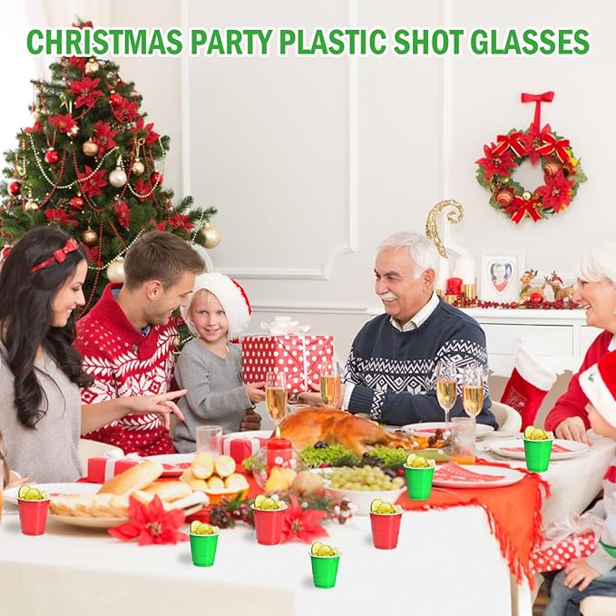 100 Pack 2 oz Plastic Shot Glasses Disposable Shot Cups, Mini 2oz Party Cups for Christmas, Birthday, Wedding, Bachelorette Party, Baby Shower Supplies (Red, Green)