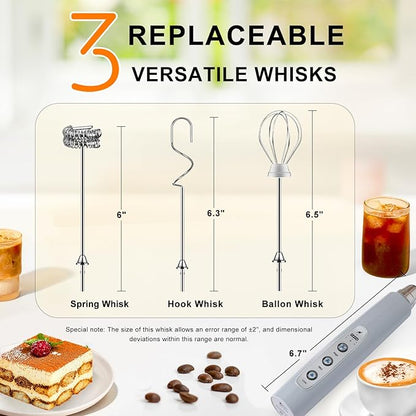 YUSWKO Handheld Milk Frother for Coffee, Rechargeable Drink Mixer with 3 Heads 3 Speeds Electric Whisk Coffee Frother For Latte, Cappuccino, Hot Chocolate, Egg - Cement Gray