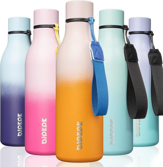 BJPKPK Insulated Water Bottles, 18 oz Stainless Steel Metal Water Bottle with Strap, BPA Free Leak Proof Jugs, Mugs, Flasks, Reusable Thermal Flasks for Sports & Travel, Coral